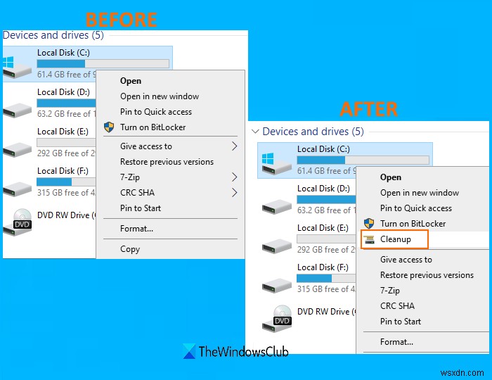 วิธีเพิ่ม Disk Cleanup เพื่อคลิกขวาที่เมนูบริบทของฮาร์ดไดรฟ์ใน Windows 10 