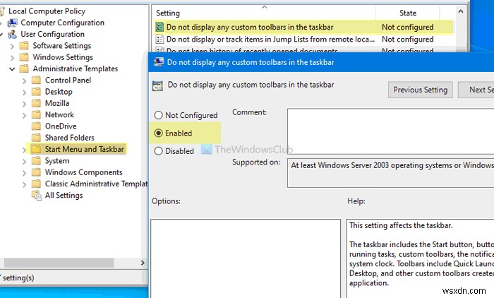 วิธีแสดงหรือซ่อนตัวเลือกแถบเครื่องมือในแถบงาน คลิกขวาที่เมนูบริบทใน Windows 10 