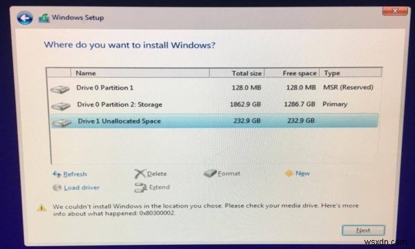 ข้อผิดพลาด 0x80300002 เราไม่สามารถติดตั้ง Windows ในตำแหน่งที่คุณเลือกได้ 
