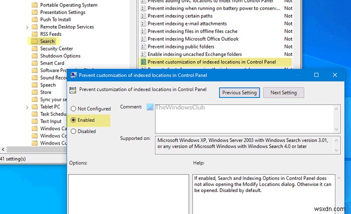 วิธีป้องกันไม่ให้ผู้ใช้แก้ไขตำแหน่งดัชนีการค้นหาใน Windows 10 