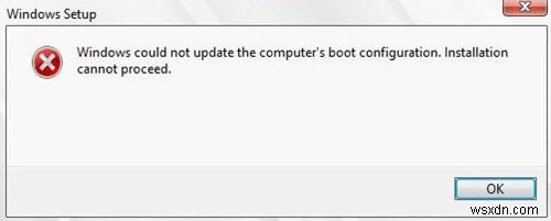 Windows ไม่สามารถอัปเดตการกำหนดค่าการบูตของคอมพิวเตอร์ได้ การติดตั้งไม่สามารถดำเนินการได้ 