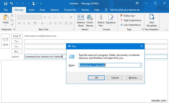 สวิตช์บรรทัดคำสั่งสำหรับ Outlook บน Windows 10 