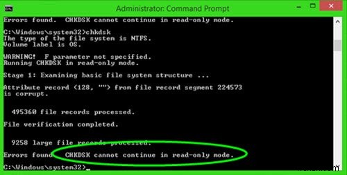 CHKDSK ไม่สามารถดำเนินการต่อในโหมดอ่านอย่างเดียวได้ 