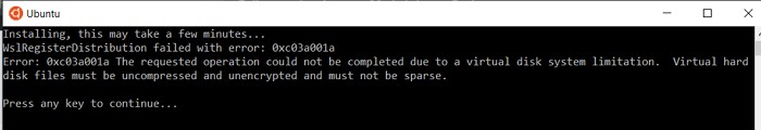แก้ไข WslRegisterDistribution ล้มเหลวโดยมีข้อผิดพลาด 0xc03a001a เมื่อเปิด Ubuntu 