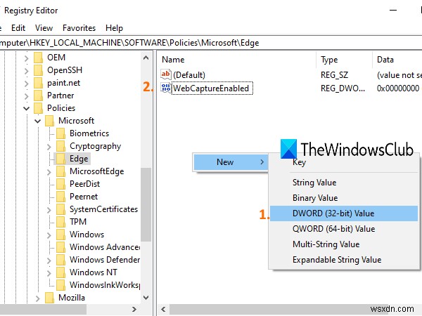 ปิดใช้งาน Web Capture ใน Microsoft Edge โดยใช้ Registry ใน Windows 10 