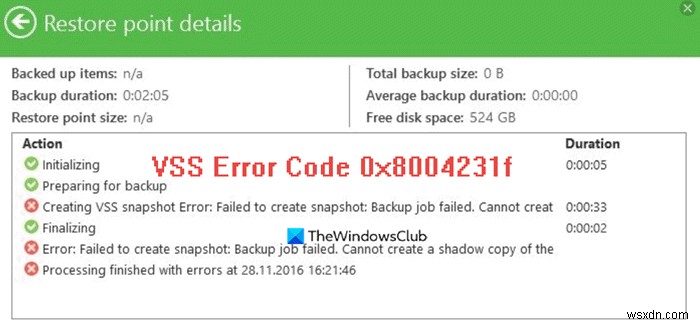 แก้ไข VSS Error Code 0x8004231f บน Windows 11/10 