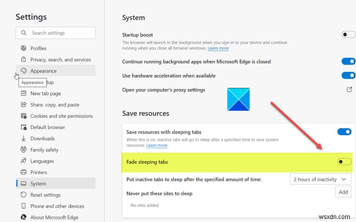 วิธีปิดการใช้งาน Fade Sleeping Tabs ในเบราว์เซอร์ Microsoft Edge 