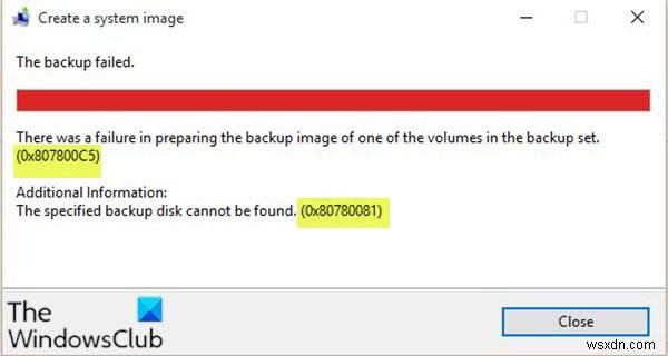ความล้มเหลวในการเตรียมอิมเมจสำรอง, รหัสข้อผิดพลาด 0x807800C5, 0x80780081 