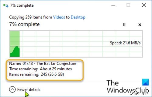 วิธีแสดงรายละเอียดน้อยลงหรือมากขึ้นในกล่องโต้ตอบการถ่ายโอนไฟล์ใน Windows 10 