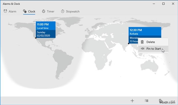 วิธีเพิ่มนาฬิกาในเมนูเริ่มโดยใช้แอพ Alarms &Clock ใน Windows 11/10 