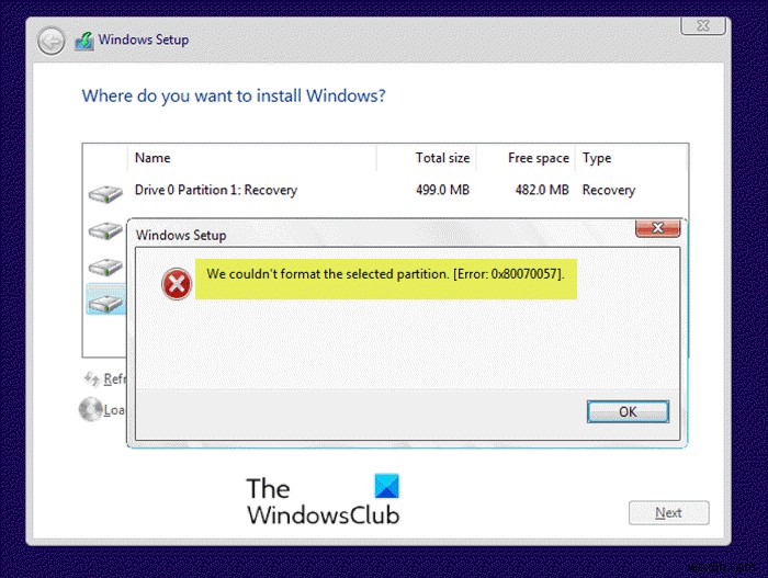 เราไม่สามารถฟอร์แมตพาร์ติชันที่เลือกได้ – ข้อผิดพลาด 0x80070057 