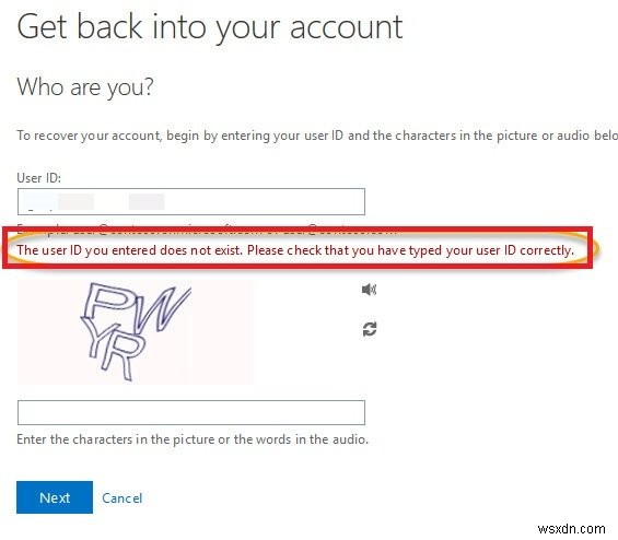 ไม่มี ID ผู้ใช้ที่คุณป้อน – ข้อผิดพลาดบัญชี Microsoft 
