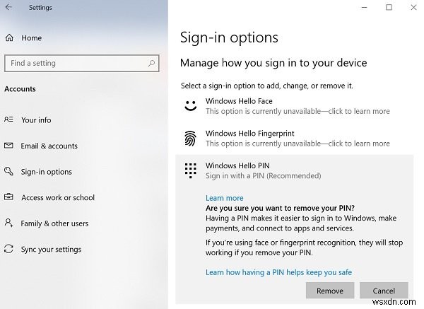 วิธีลบการเข้าสู่ระบบด้วย PIN ใน Windows 11/10 