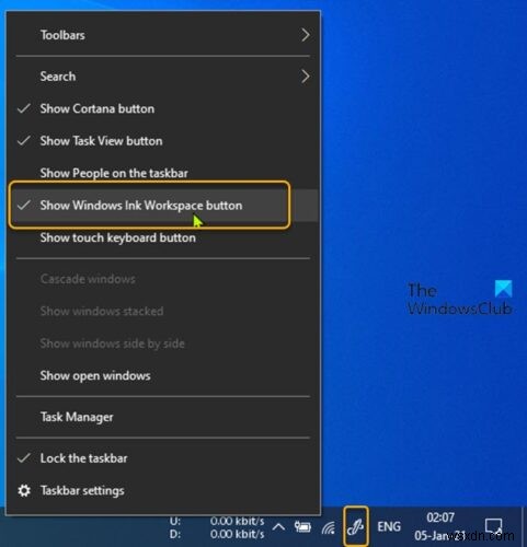 วิธีซ่อนหรือแสดงปุ่ม Windows Ink Workspace บนทาสก์บาร์ใน Windows 10 
