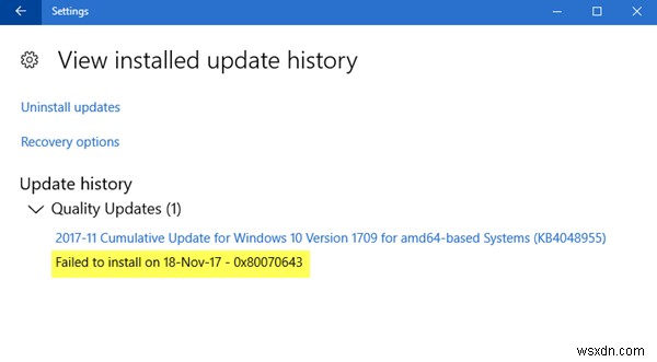 ติดตั้ง Windows Update ล้มเหลว ข้อผิดพลาด 0x80070643 