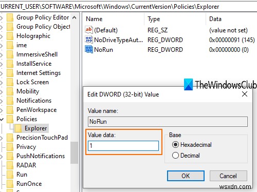 เปิดหรือปิดช่อง Run Command (Win+R) ใน Windows 11/10 