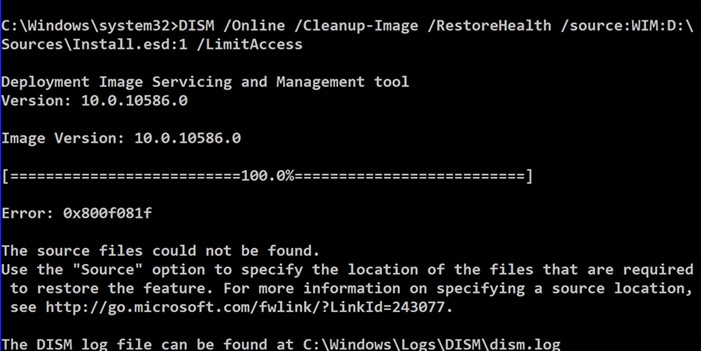 SFC ไม่สามารถซ่อมแซมและ DISM แสดงข้อผิดพลาด 0x800f081f ใน Windows 10 