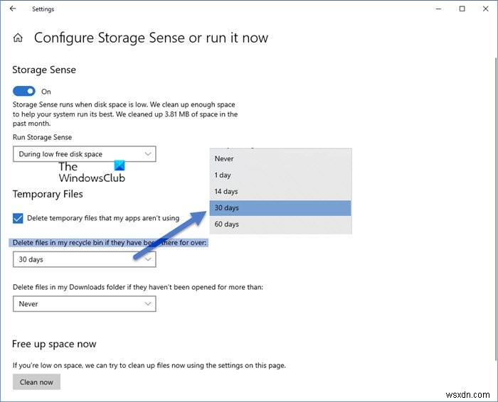 ลบไฟล์โดยอัตโนมัติในโฟลเดอร์ Downloads &Recycle Bin โดยใช้ Storage Sense ใน Windows 10 