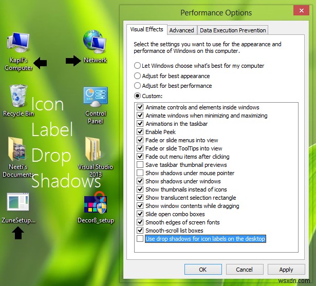 ไม่สามารถลบ Drop Shadows สำหรับป้ายชื่อไอคอนบนเดสก์ท็อปของ Windows 