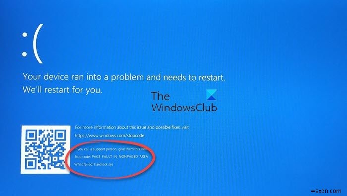 ข้อผิดพลาดของหน้าในพื้นที่ที่ไม่ใช่พื้นที่ (hardlock.sys) BSOD ใน Windows 11/10 