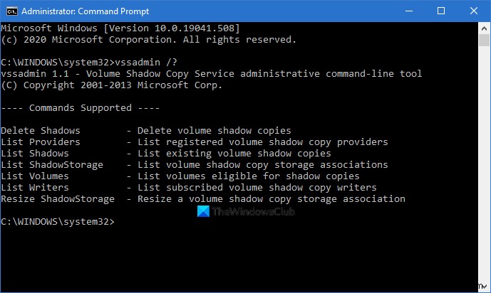 วิธีใช้บรรทัดคำสั่ง Vssadmin เพื่อจัดการ VSS ใน Windows 11/10 