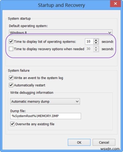 เปลี่ยนเวลาแสดงรายการระบบปฏิบัติการและตัวเลือกการกู้คืนใน Windows 10 