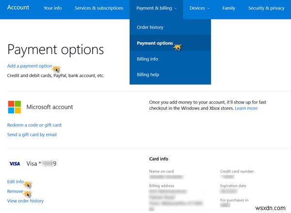 เพิ่ม แก้ไขวิธีการชำระเงิน ลบบัตรเครดิตใน Microsoft Store ใน Windows 10 