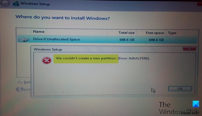 เราไม่สามารถสร้างข้อผิดพลาดของพาร์ติชันใหม่ระหว่างการติดตั้ง Windows 