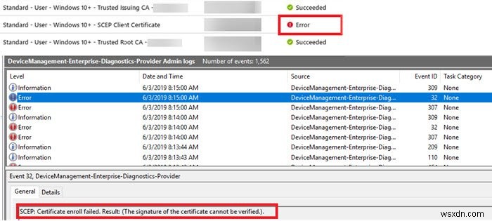 การปรับใช้ SCEP กับอุปกรณ์ Windows 10 ล้มเหลวหลังจากที่คุณต่ออายุใบรับรอง CA 