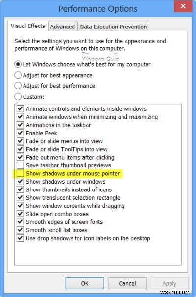 วิธีปิดการใช้งานหรือเปิดใช้งานฟีเจอร์ Windows Mouse Pointer Shadow 