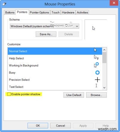 วิธีปิดการใช้งานหรือเปิดใช้งานฟีเจอร์ Windows Mouse Pointer Shadow 