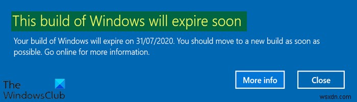 Windows รุ่นนี้จะหมดอายุในไม่ช้า – ข้อผิดพลาดในการสร้าง Insider 