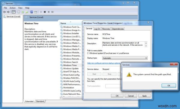 บริการ Windows Time ไม่ทำงาน การซิงโครไนซ์เวลาล้มเหลวโดยมีข้อผิดพลาด 
