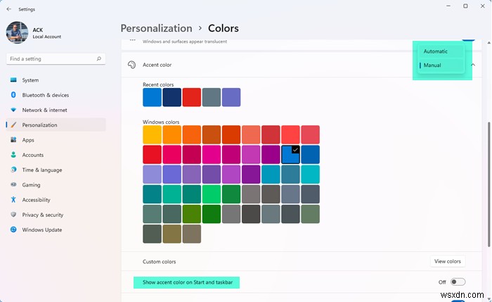 วิธีเพิ่มสีที่กำหนดเองสำหรับทาสก์บาร์ใน Windows 11/10 