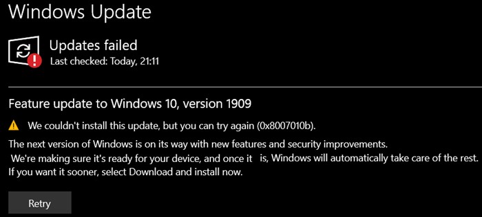 แก้ไขข้อผิดพลาด Windows Update 0x8007010b 