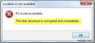 โครงสร้างดิสก์เสียหายและอ่านไม่ได้ใน Windows 10 