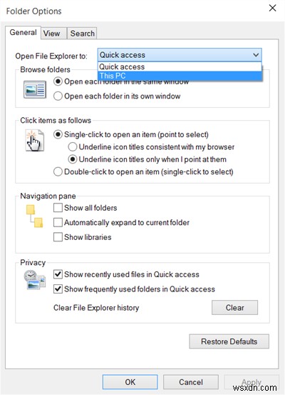 ทำให้ File Explorer เปิดในพีซีเครื่องนี้แทน Quick Access ใน Windows 11/10 