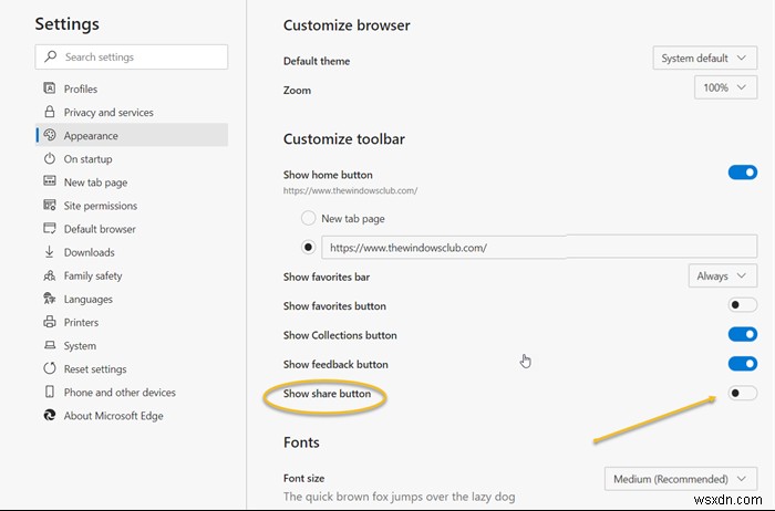 วิธีแสดงหรือซ่อนปุ่มแชร์ในเบราว์เซอร์ Microsoft Edge 