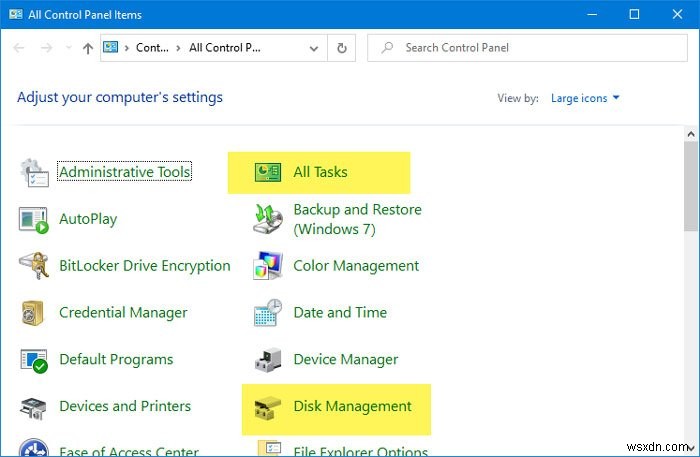 วิธีเพิ่มงานทั้งหมดและการจัดการดิสก์ไปยังแผงควบคุมใน Windows 11/10 