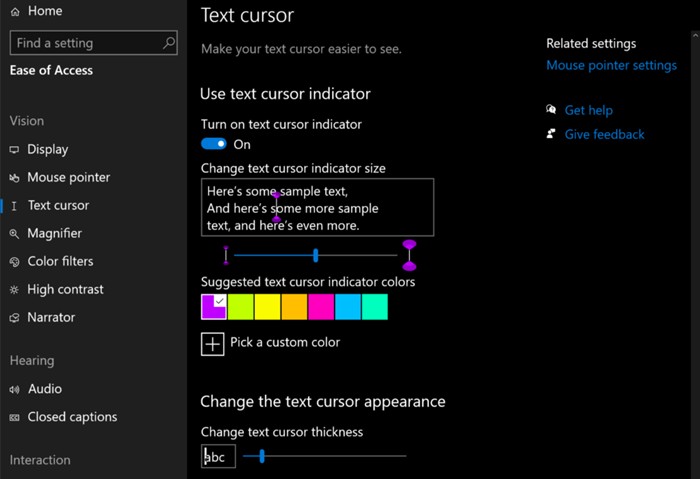 Windows 10 ให้คุณปรับแต่งเคอร์เซอร์ข้อความ ได้รับการปรับปรุงแว่นขยายและโปรแกรมอ่านหน้าจอ 