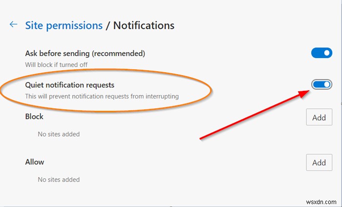 วิธีเปิดใช้งานคำขอการแจ้งเตือนแบบเงียบในเบราว์เซอร์ Microsoft Edge 