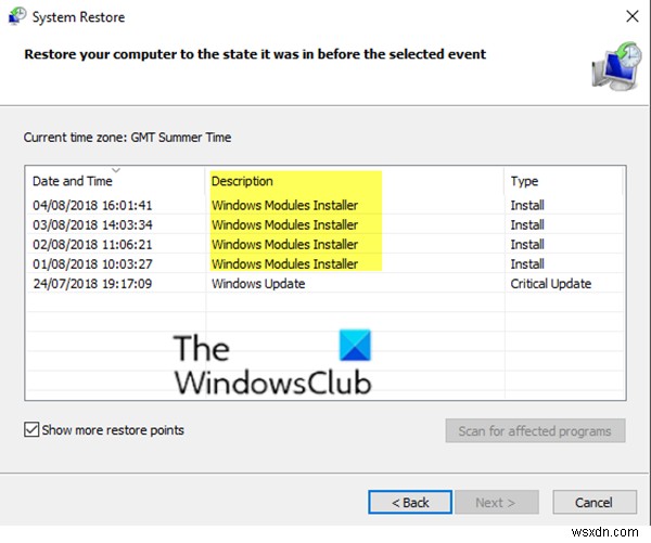 ตัวติดตั้งโมดูล Windows แสดงรายการ System Restore Point ล้มเหลวใน Windows 11/10 