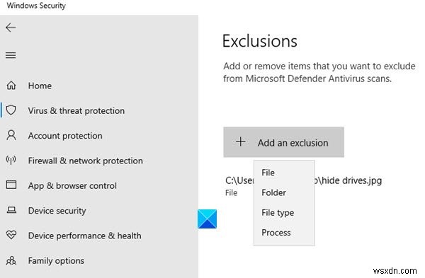 จัดการรายการกักกันและการยกเว้นใน Windows Defender Security Center 