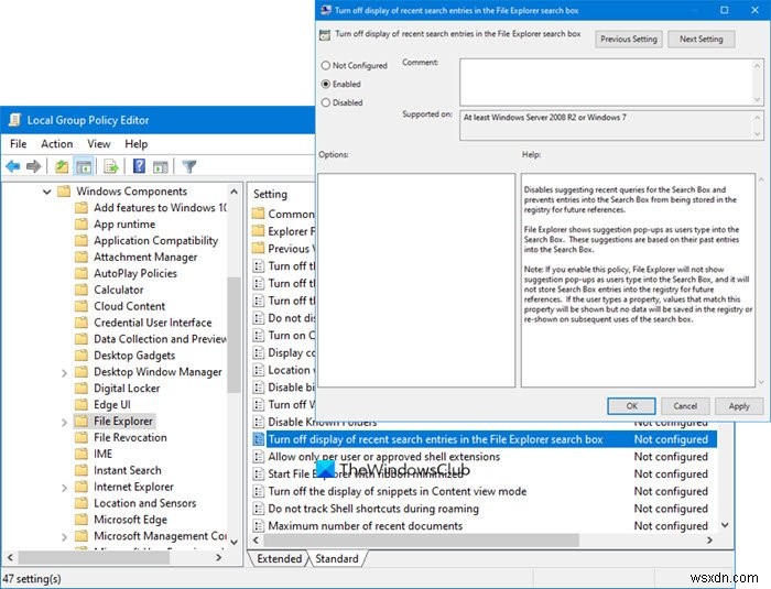 ปิดการแสดงรายการค้นหาล่าสุดใน File Explorer ของ Windows 11/10 