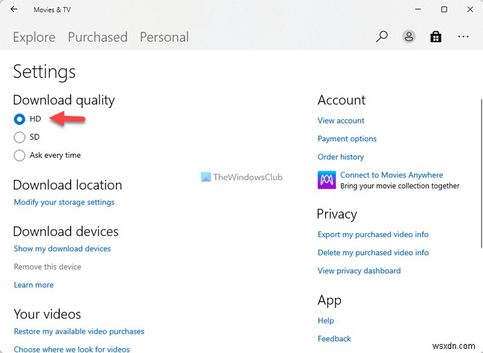 ทำให้แอปภาพยนตร์และทีวีของ Windows 11/10 ดาวน์โหลดวิดีโอ HD เสมอ 