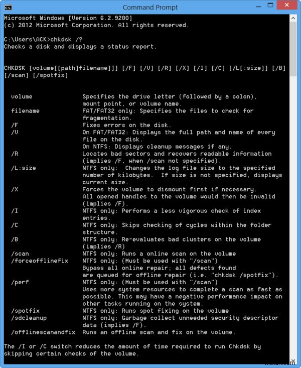 ตัวเลือกบรรทัดคำสั่ง ChkDsk สวิตช์ พารามิเตอร์ใน Windows 11/10 