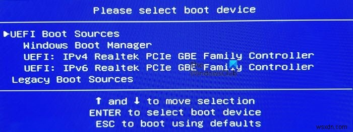 โปรดเลือกอุปกรณ์สำหรับบู๊ต – UEFI Boot Sources 