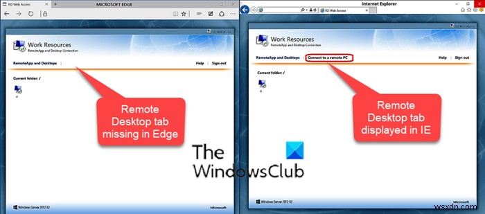 แท็บเดสก์ท็อประยะไกลใน RDWEB หายไปจากเบราว์เซอร์ Edge ใน Windows 10 