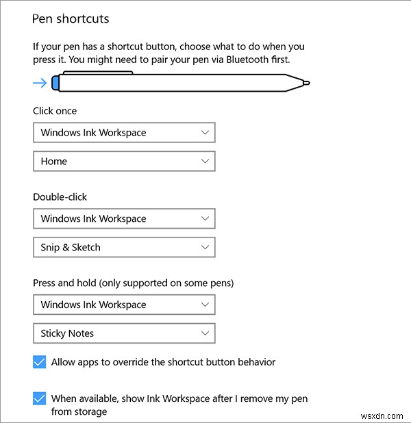 กำหนดการตั้งค่าพื้นที่ทำงานของ Pen และ Windows Ink ใน Windows 10 