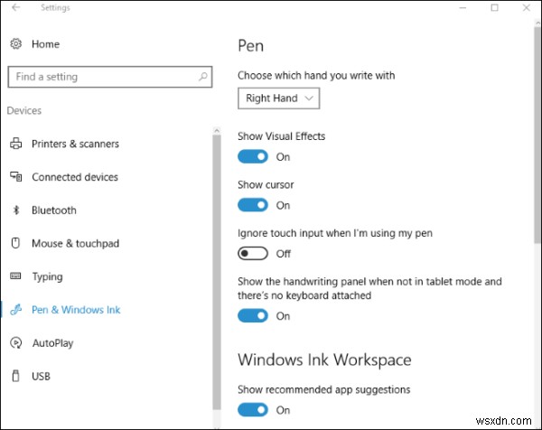 กำหนดการตั้งค่าพื้นที่ทำงานของ Pen และ Windows Ink ใน Windows 10 